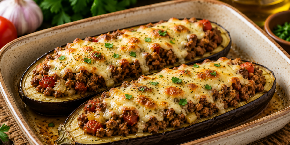 🍆 Berinjela Recheada com Carne Moída e Queijo: Receita Low Carb Fácil e Saborosa