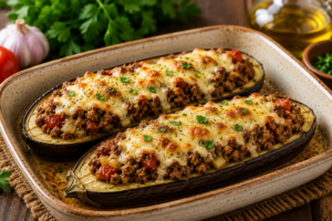 🍆 Berinjela Recheada com Carne Moída e Queijo: Receita Low Carb Fácil e Saborosa