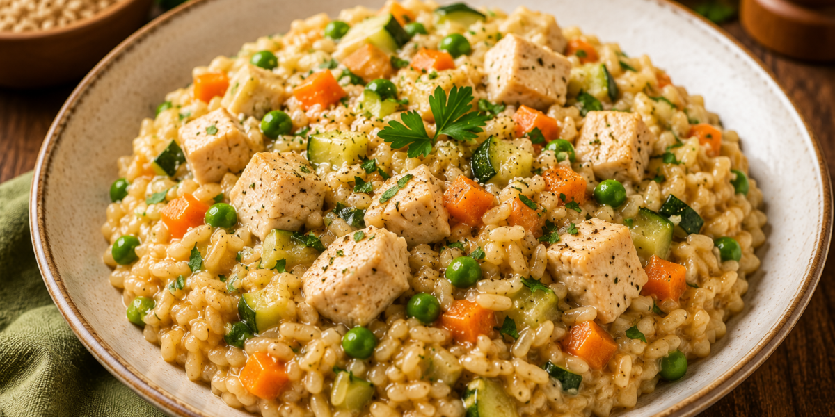🥣 Risoto Fitness de Frango com Arroz Integral e Legumes: Receita Completa, Saudável e Rica em Nutrientes