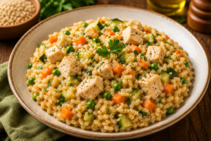 🥣 Risoto Fitness de Frango com Arroz Integral e Legumes: Receita Completa, Saudável e Rica em Nutrientes