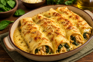 🥞 Panqueca Low Carb Recheada com Frango, Espinafre e Queijo: Receita Leve, Cremosa e Rica em Proteínas