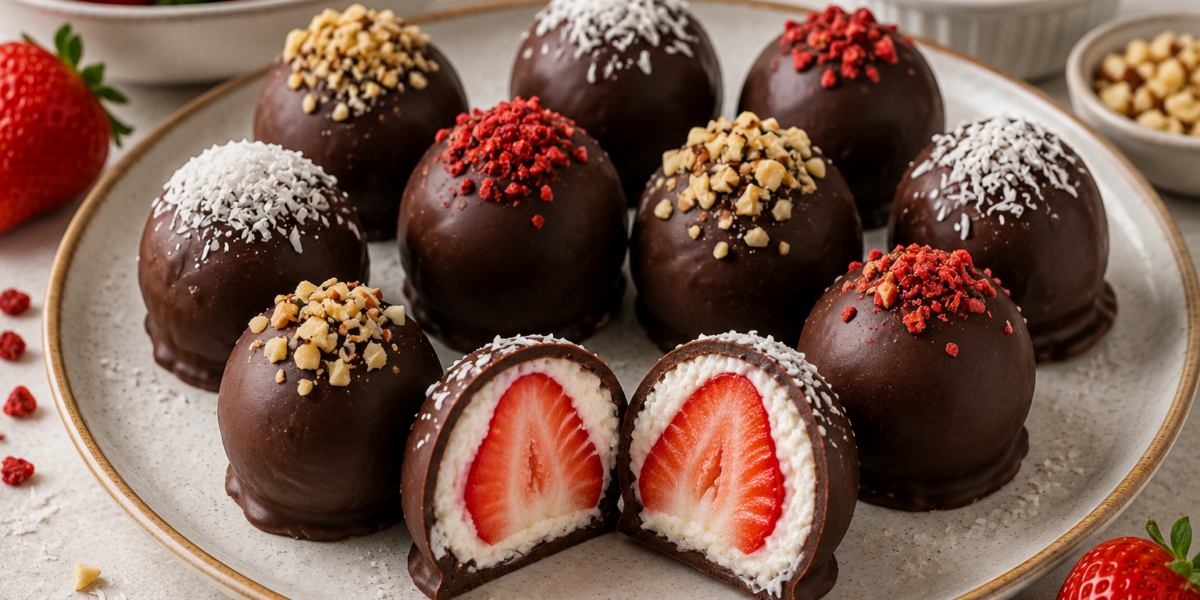 🍓 Bombom Fit de Morango com Creme de Coco e Chocolate 70%