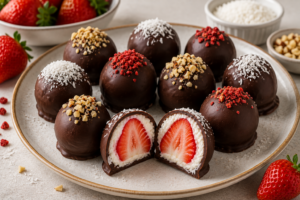 🍓 Bombom Fit de Morango com Creme de Coco e Chocolate 70%