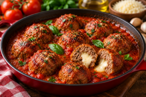🥩 Almôndegas Proteicas de Patinho Recheadas com Queijo ao Molho de Tomate